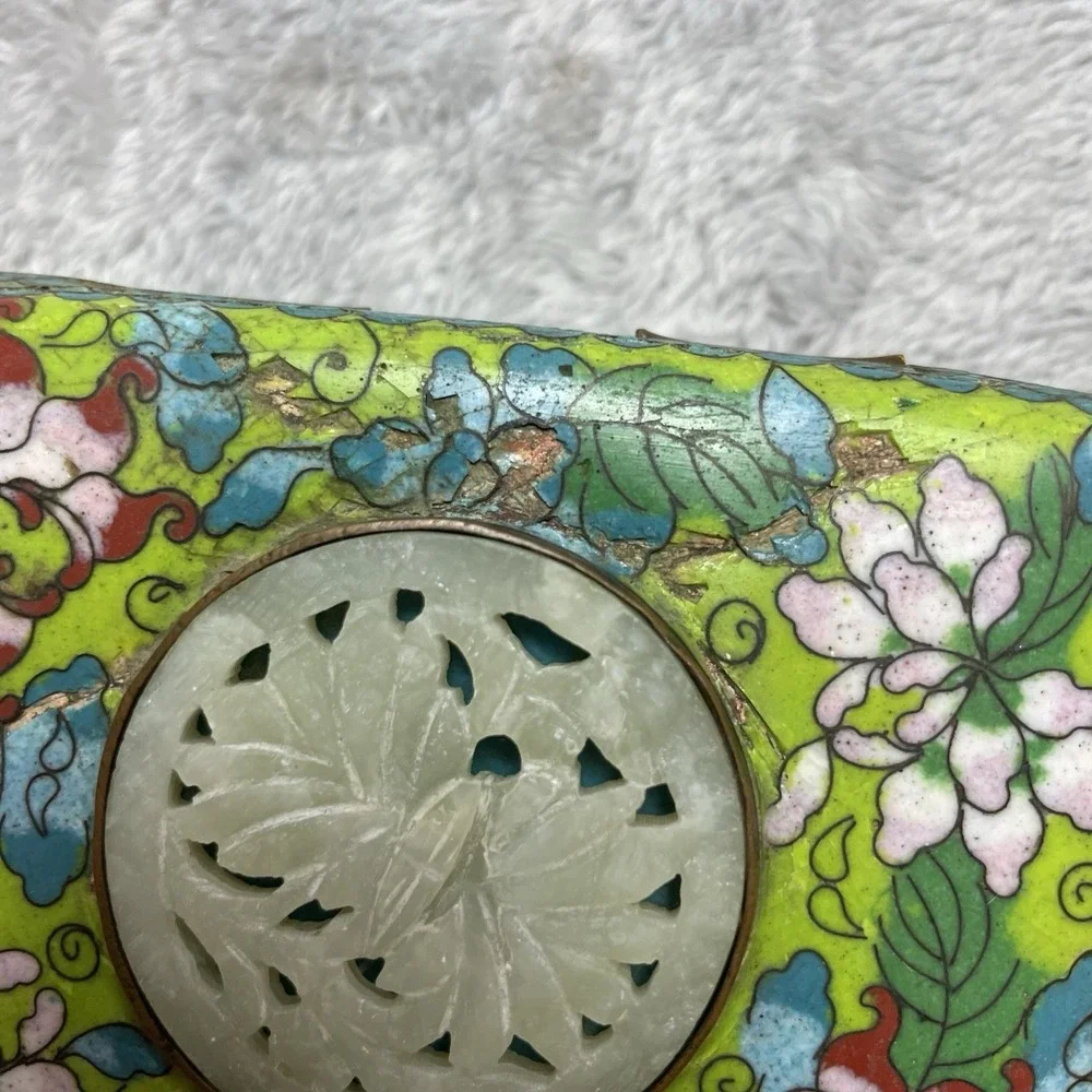 Vintage Chinese Enamel Jewelry Trinket Box Hand Painted Floral Medallion Charm